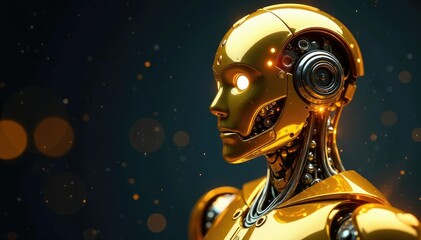 Close-up of a gleaming golden android robot, intricate details visible , rich, artificial intelligence, design