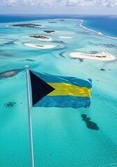 Waving Bahamian Flag Over the Pristine Turquoise Waters and White Sandbars of the Archipelago