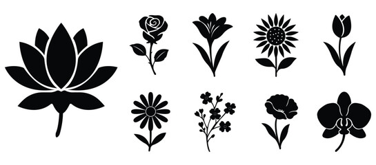 Elegant Flower Silhouette vector – Lotus, Rose, Tulip & Botanical flower Set