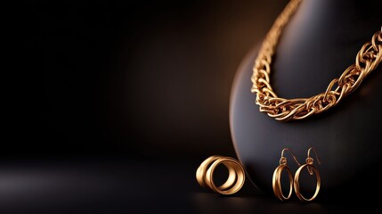 Elegant display of gold jewelry including a chain, rings, and earrings on a dark background