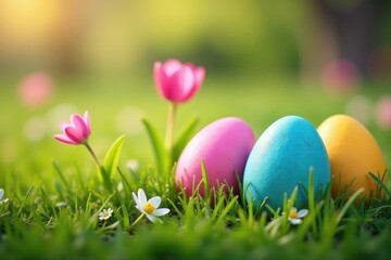 Fototapeta premium Colorful Easter eggs hidden in spring grass, April flowers , Easter, bunny