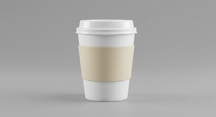 Blank Coffee Cup Mockup:  A pristine white disposable coffee cup with a beige sleeve, perfect for showcasing your brand or design.