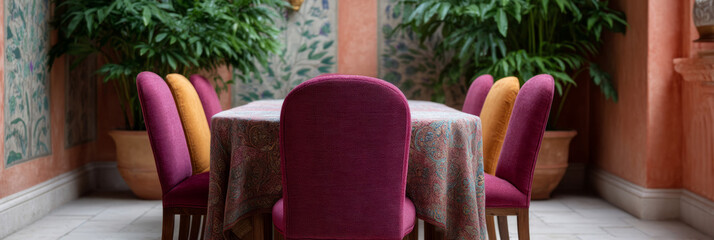 Elegant tapestry-adorned table setting awaits, whispering of clandestine garden soirees and Dia de los Muertos reflections