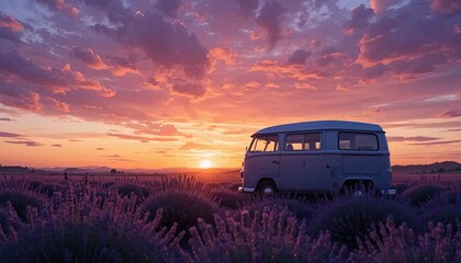 Fototapeta premium Sunset Serenity: Van in Lavender Field
