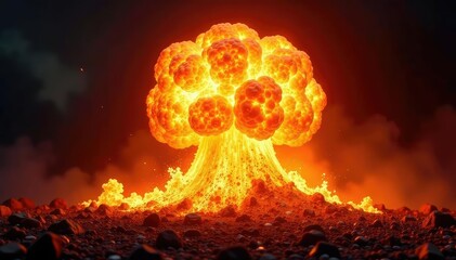 Fiery explosion, massive fireball engulfing dark background Intense heat, destructive power, fiery chaos , heat, hot