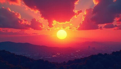 Fototapeta premium Fiery orange and pink hues paint the sky as the sun dips below the horizon , serene, warm, sky