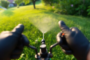 Lawn Care: Person Spraying Weed Killer on Green Lawn with Gardening Sprayer. Lawn Treatment, Weed Control Service. Focus on sprayer. Blurred grassy yard background.