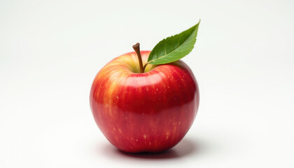 Perfect Red Apple with Leaf on White Background – Fresh, Glossy, and Realistic Fruit Close-Up
