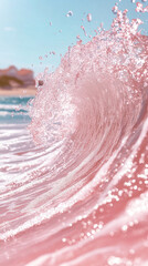 Fototapeta premium A bright pink wave splashes gently on a minimalist beach, symbolizing creativity, calm, and surreal beauty. A simple, vibrant coastal scene blending nature with playful artistic expression.