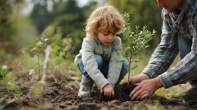 A young child and an adult planting a small tree together in a garden setting on a sunny day outdoors