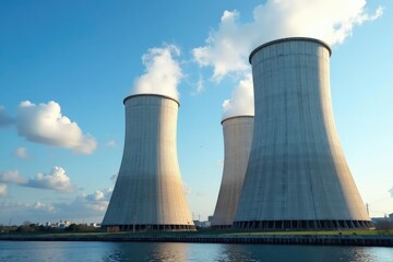 Obraz premium Industrial cooling towers against a blue sky Large, powerful, and efficient structures , environment, condenser