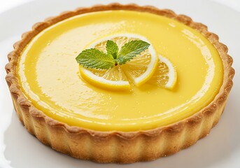 A lemon tart with a pastry crust and lemon slices and mint leaves on top on a white surface view from above
