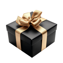 Obraz premium Elegant black gift box tied with a luxurious gold ribbon on white background