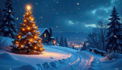 Magical snowfall on a Christmas Eve scene, idyllic winter wonderland , christmas, holiday background