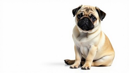 Adorable pug dog sitting, isolated on white background, face, sitting, isolated