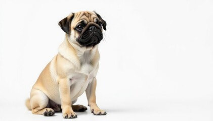 Adorable pug dog sits alone against white background, headshot, companion, portrait