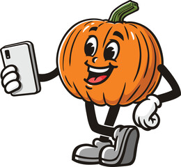 Cartoon pumpkin character holding a gadget