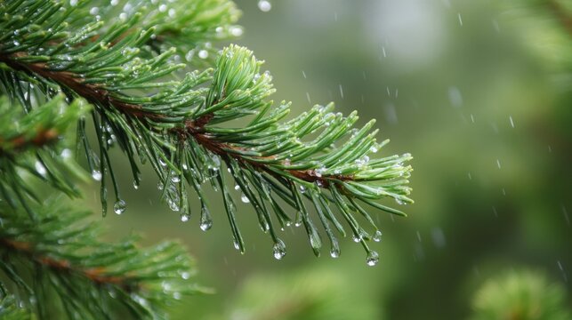 Pine forest in the rain, water droplets on pine needles, moody and tranquil atmosphere