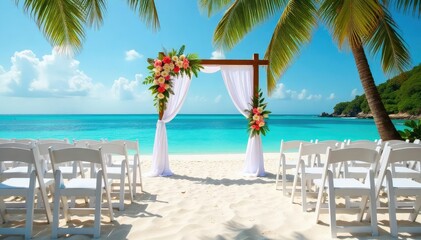 Romantic beach wedding setup, white chairs, ocean view, tropical flowers , palm trees, tropical beach