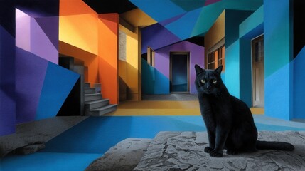 Surreal indoor scene with colorful geometric walls and a black cat sitting on a rock