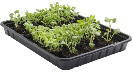 A plastic gardening tray filled with seedlings, showing eco-friendly alternatives for plant care.