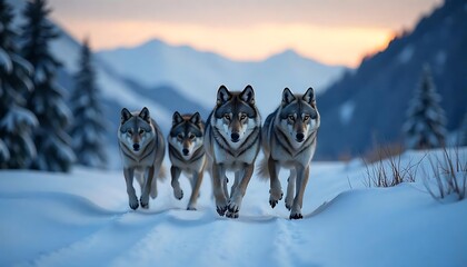 Naklejka premium Pack of five wolves running fast and hunting together through the mountains in winter, front view at dusk, created with generative ai