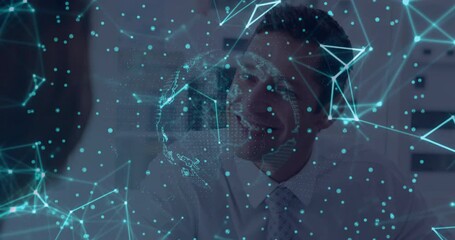 Male manager and female colleague showing business data in office with digital globe and data nodes - Powered by Adobe