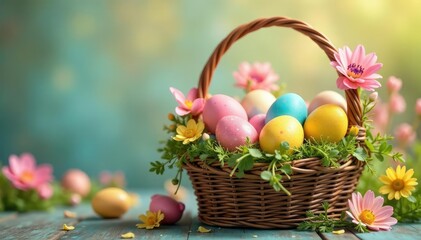 Vibrant Easter eggs in a basket overflowing with spring flowers , blooming, painted eggs