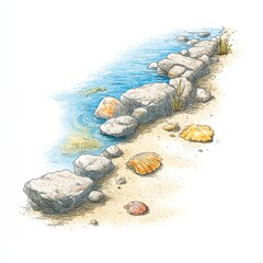 Detailed Beach Shoreline with Rocks Wet Sand Sparkling Water Illustration On White