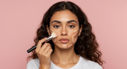 Obraz premium Demonstrating contouring makeup with brush on a pink studio backdrop
