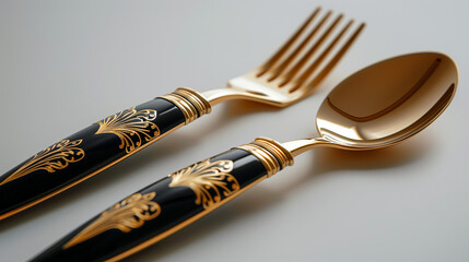 A sleek ceremonial cutlery pair wrapped in luxurious gold and obsidian, with clean lines and ancient symbolism, displayed on a white background.