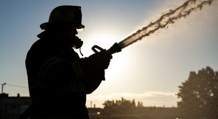Silhouette of firefighter spraying water with hose against the sunlight