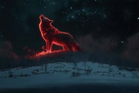 A glowing red wolf howling at the starry night sky on a snowy hill under the dark night background