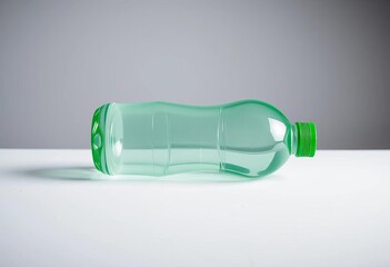 Empty green plastic water bottle on white textured surface, grey background , image, empty bottle