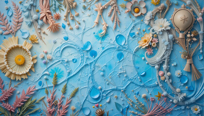 Pastel Floral and Decorative Elements on a Blue Background