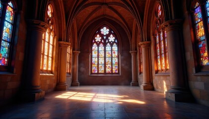 Fototapeta premium Ancient church interior, stained glass, soft light, sacred, ancient