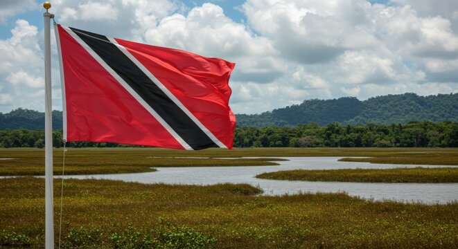Waving Trinidadian and Tobagonian Flag Over the Diverse Natural Beauty of Caroni Swamp Wetlands