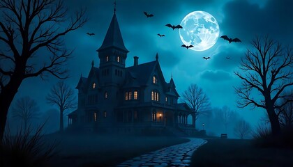 Scary Gothic castle on Halloween night, haunted palace or mansion for dark blue background. Spooky view of old mystery castle and bats in full moon. Horror scene, created with generative ai