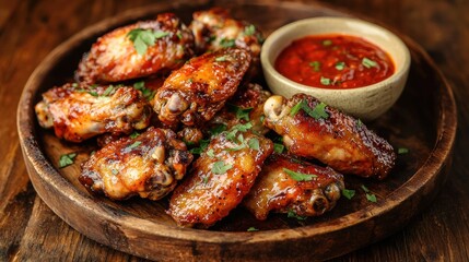 Savory glazed chicken wings with red dipping sauce and fresh herbs