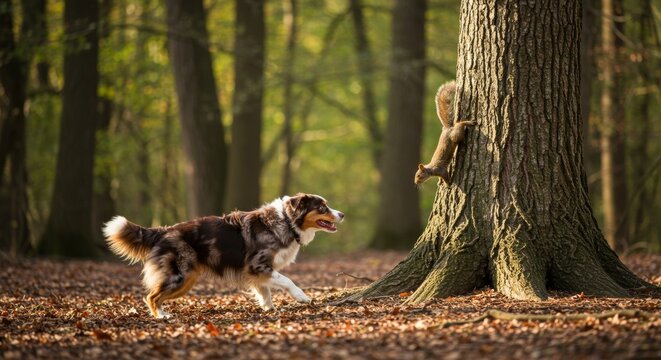 Dog's playful encounter: Spotting a squirrel scurrying up a rustic tree trunk
