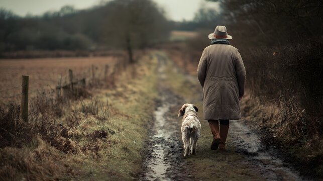 A man in a hat walking down a muddy path with his dog in a rural landscape on an overcast day - Powered by Adobe