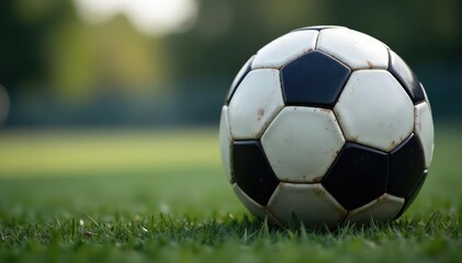 Close-up shot of a classic black and white soccer ball Perfect for sports, games, and fitness themes , pitch, monochrome, game day