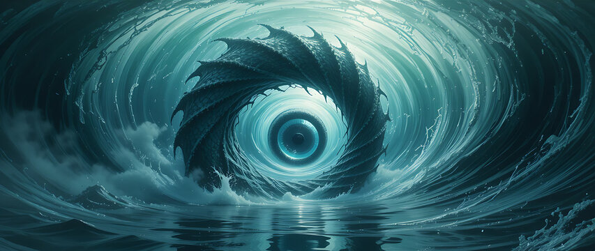 Mystical sea serpent emerging from swirling ocean waves at dusk, captivating the horizon with its mesmerizing presence and vivid colors