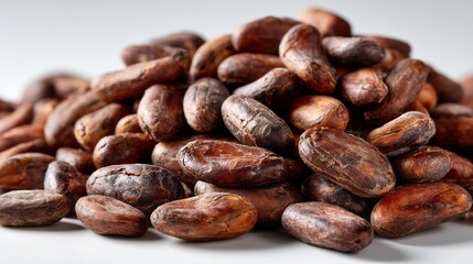 Fototapeta premium A close-up shot captures a pile of roasted cocoa beans, highlighting their deep brown hue and rough surfaces. The arrangement suggests a focus on quality and flavor