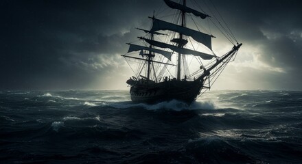Fototapeta premium Majestic Pirate Ship Navigating Stormy Seas Under Dramatic Sky