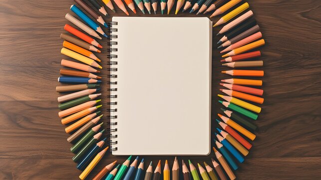 Blank Spiral Notebook Surrounded by Colorful Pencils on Wooden Table