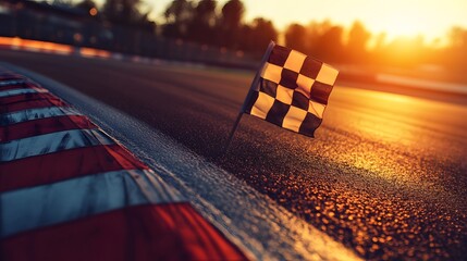 Checkered flag on racetrack at sunset, marking finish.