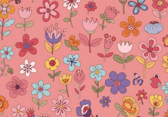 Fototapeta premium Pink Floral Pattern: Hand-Drawn Flower Seamless Repeat