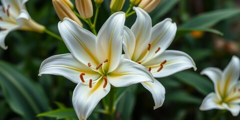 Fototapeta premium Elegant white Lilium regale blossoms, showcasing trumpet-shaped flowers and vibrant stamens, detail, trumpet lily