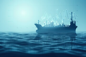 Fototapeta premium Digital illustration of a ship with financial graphs in ocean water.